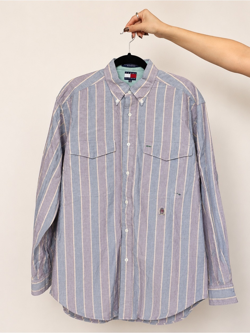 Vintage 90s Tommy Hilfiger Blue and Red Striped Button-Down Shirt